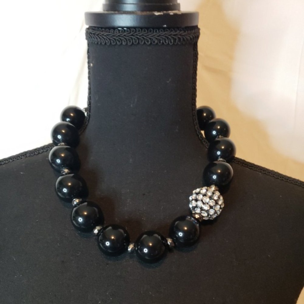 NWT Miriam Haskel Large Black Bead with a Rhinestone Bead Necklace